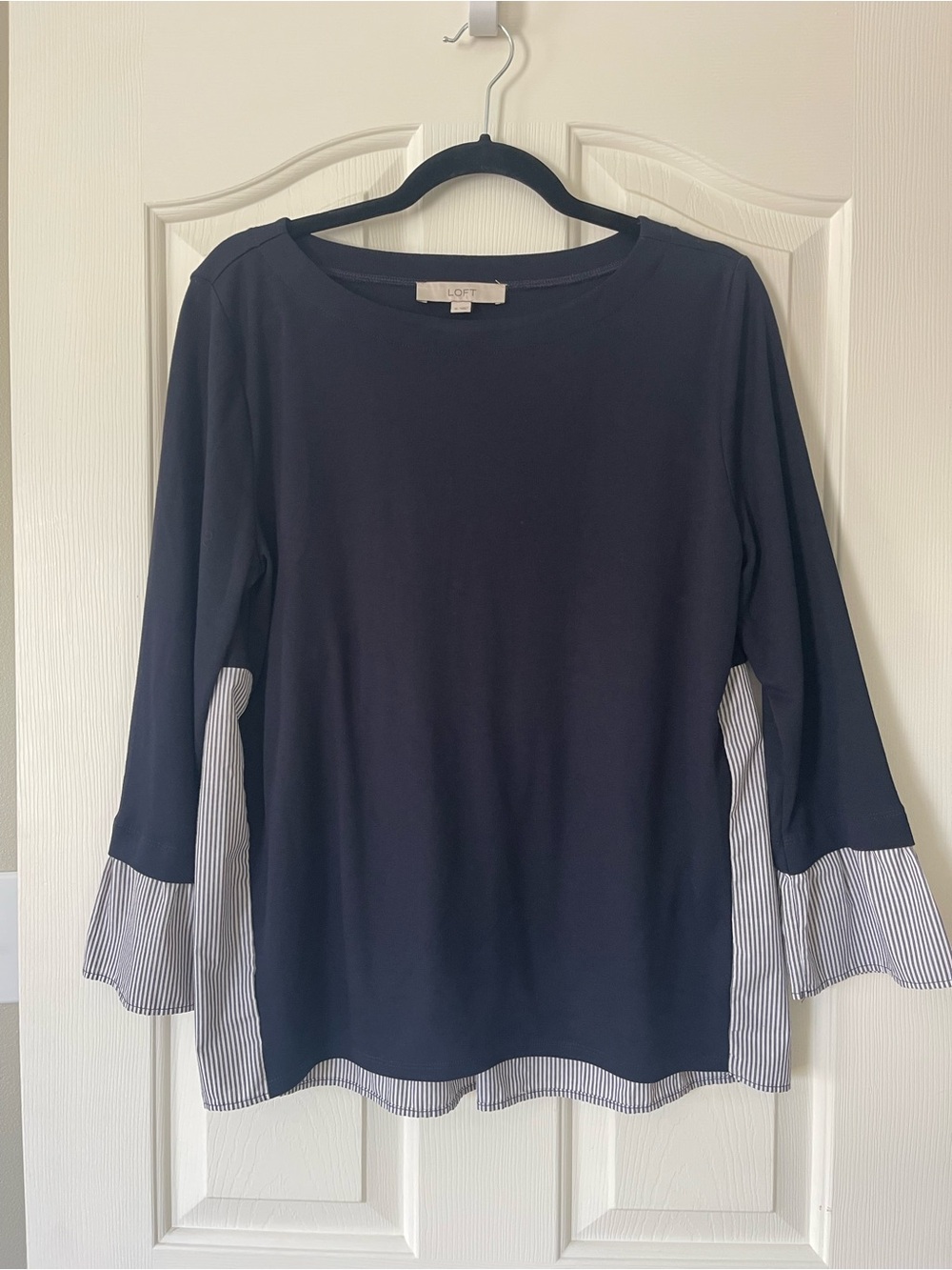LOFT Navy Pullover Top with Striped Ruffle Trim